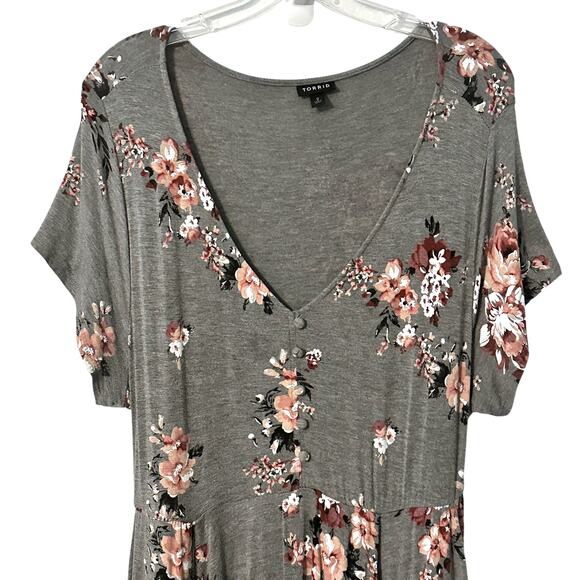 Torrid Floral Knit Midi Dress Womens 2X Gray Multicolor V-Neck Stretch - Picture 4 of 9